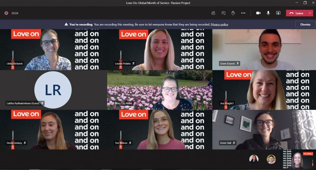 Screenshot the Passion Project Team discussing volunteer opportunities during a video call