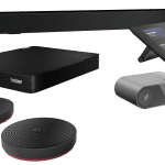 Lenovo ThinkSmart Core Room Kit with controller, ThinkSmart Cam and ThinkSmart Bar -- with additional table-top microphones.