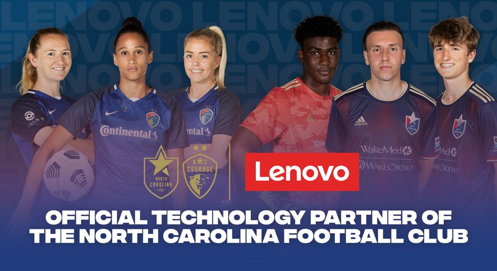 NCFC players with text on graphic: Official technology partner of the north carolina football club