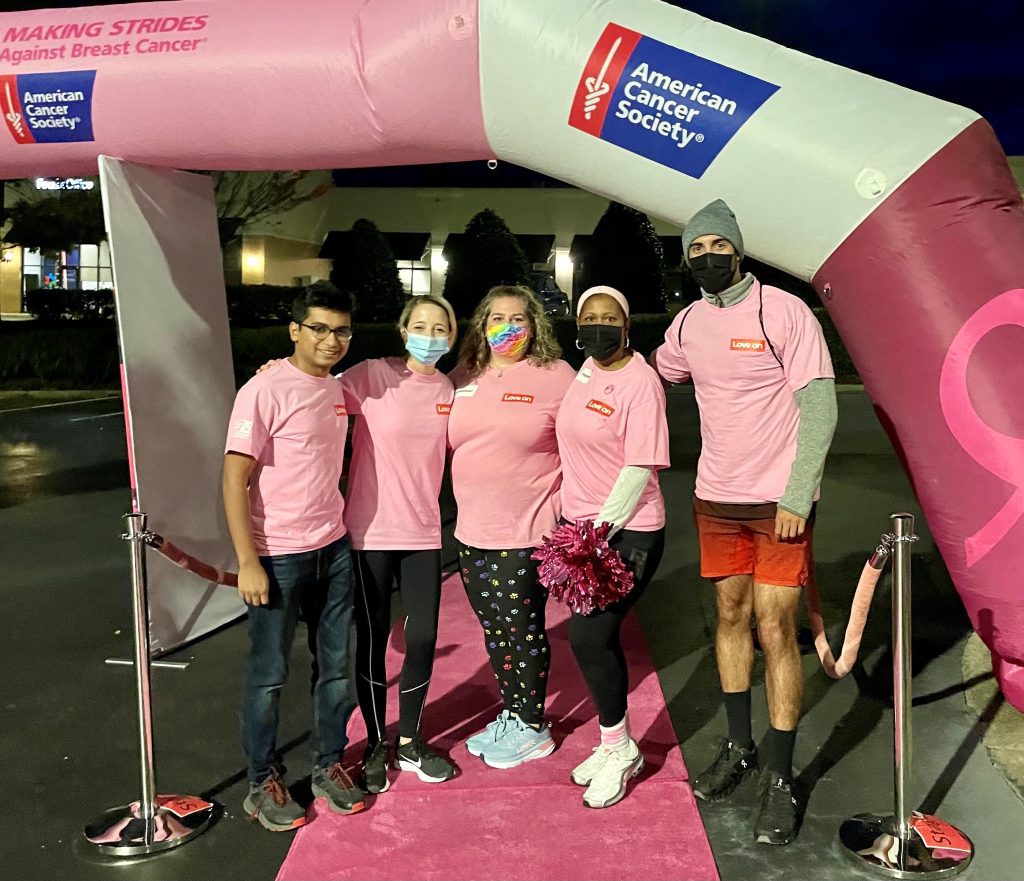 From left to right: Akshan Mehta (RE@L), Julie Robinson (Alliances), Gina Vespi (Alliances & Making Strides ELT member), Kecia Burney (WILL), Rafael Fulton Fernandes (HOLA) arrive early to set up the Making Strides event.